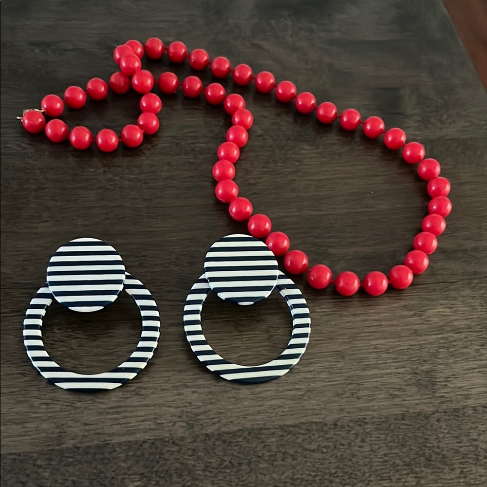 Nautical Red Beaded Necklace & navy-White Striped Hoop Earrings Set -